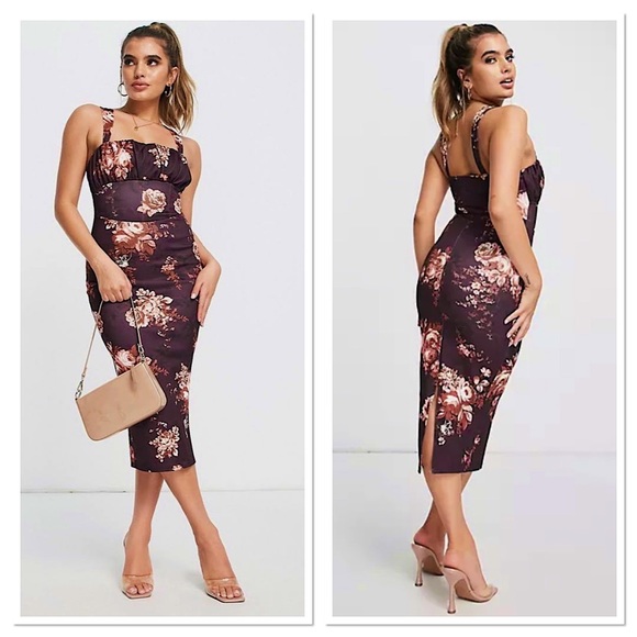 ASOS Dresses & Skirts - ASOS Floral Corset Pencil Ruched Bust Midi Dress in Burgundy Purple 6 NWOT